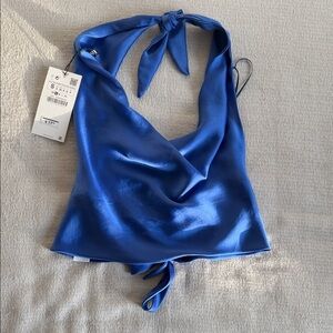 ZARA Satin Halter Tie Crop Top - Royal Blue
